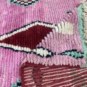 Pink Geometric Handwoven Wool Rug with Fringed Edge
