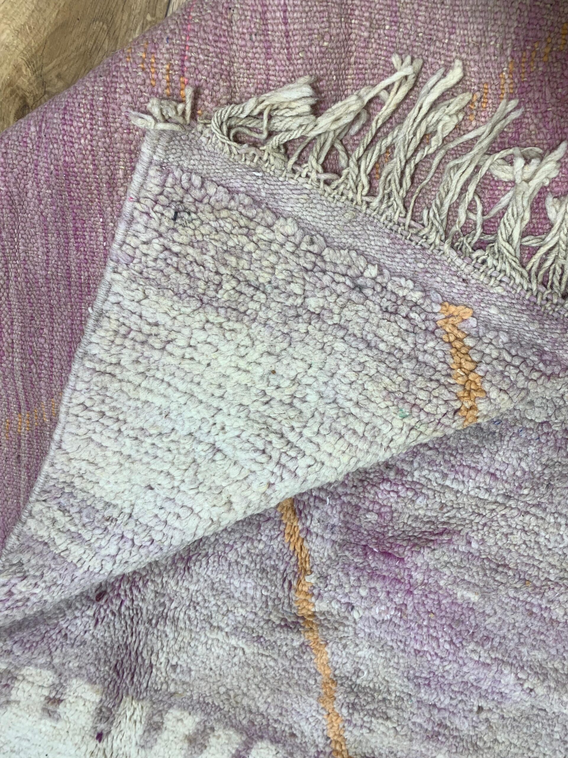 Handwoven Cream Wool Rug with Geometric Tan Lines and Purple Border - Image 2