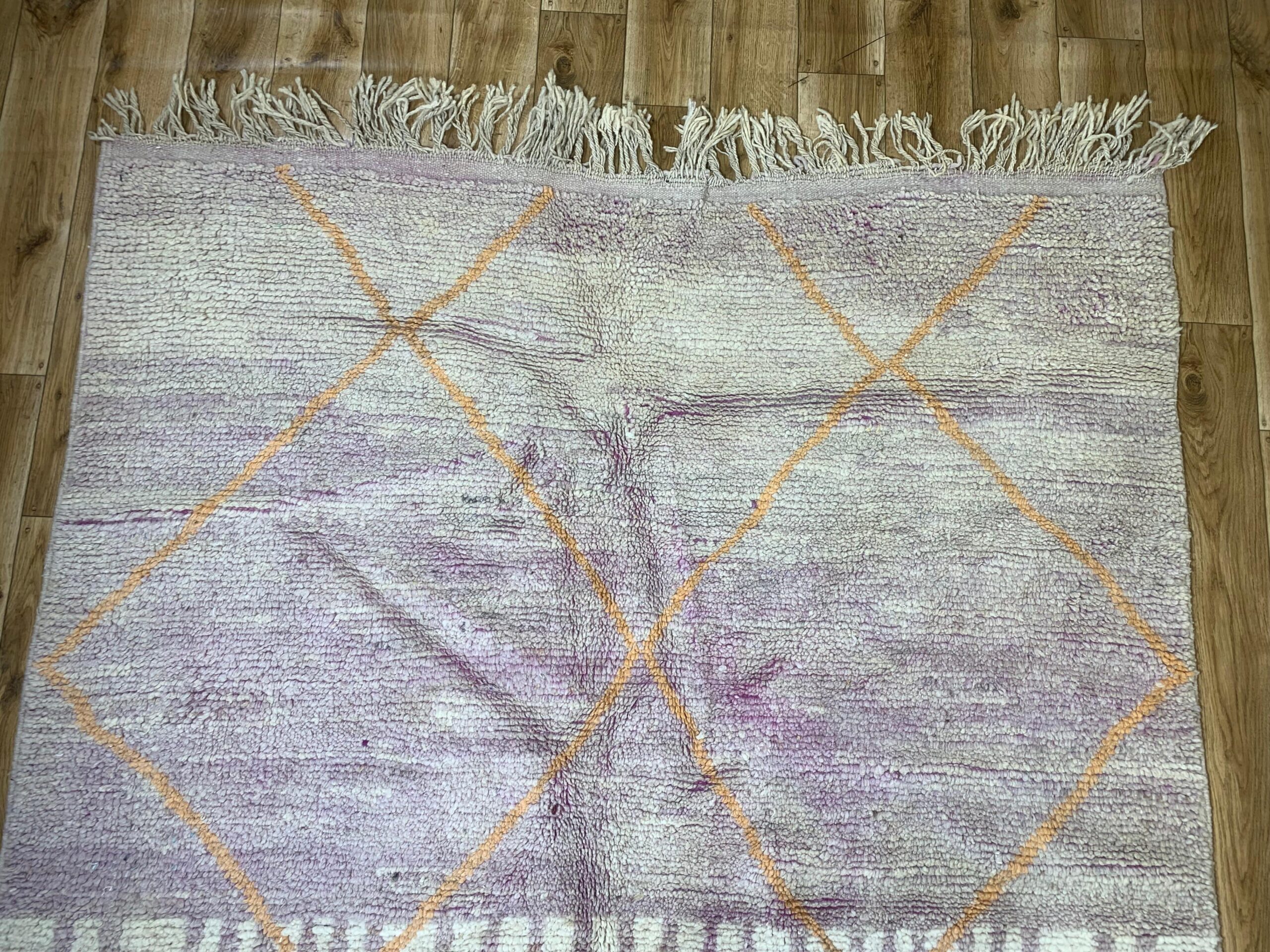 Handwoven Cream Wool Rug with Geometric Tan Lines and Purple Border - Image 3