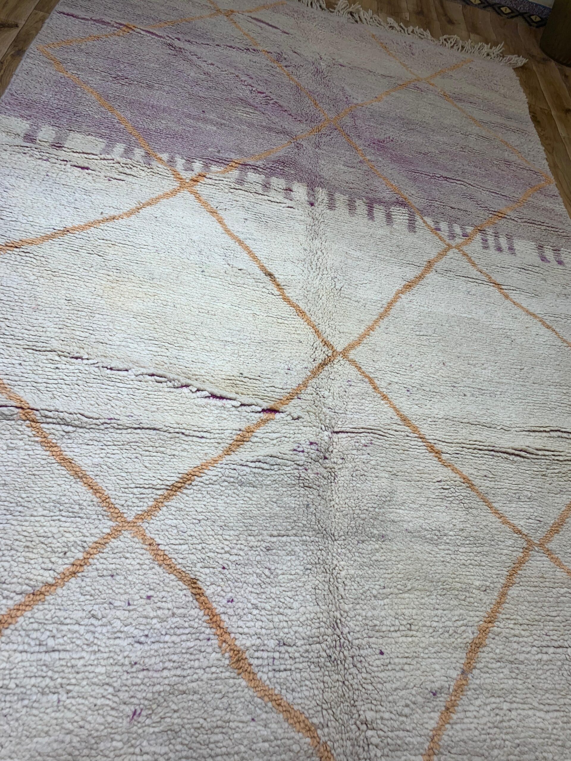 Handwoven Cream Wool Rug with Geometric Tan Lines and Purple Border - Image 4