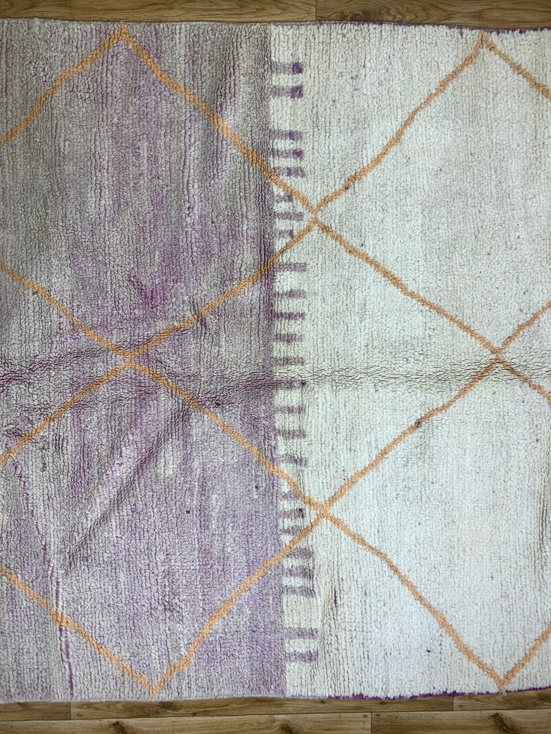 Handwoven Cream Wool Rug with Geometric Tan Lines and Purple Border - Image 5