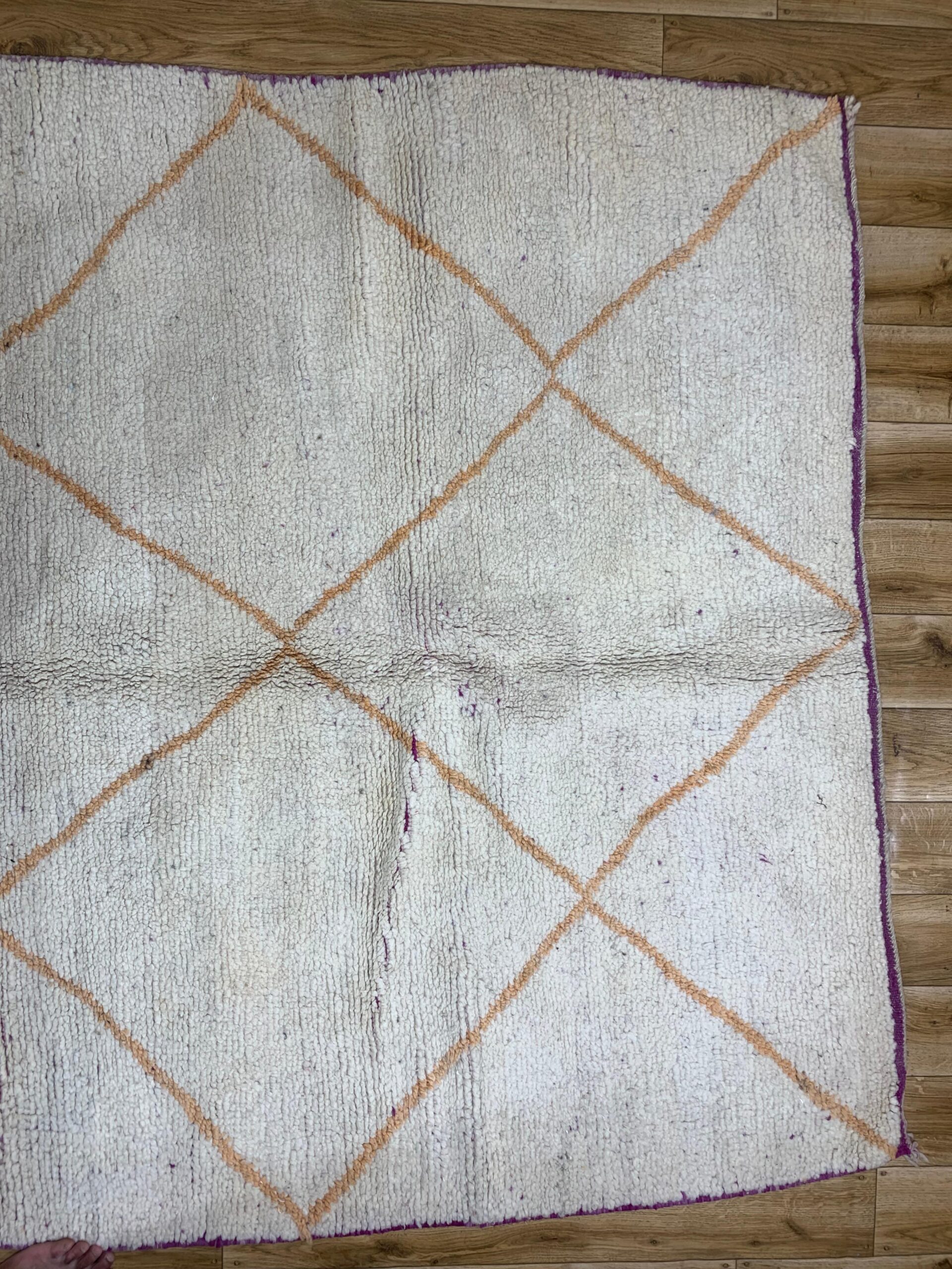 Handwoven Cream Wool Rug with Geometric Tan Lines and Purple Border - Image 6