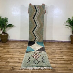 Handwoven Geometric Runner Rug in Sage Green with Chevron and Diamond Motifs