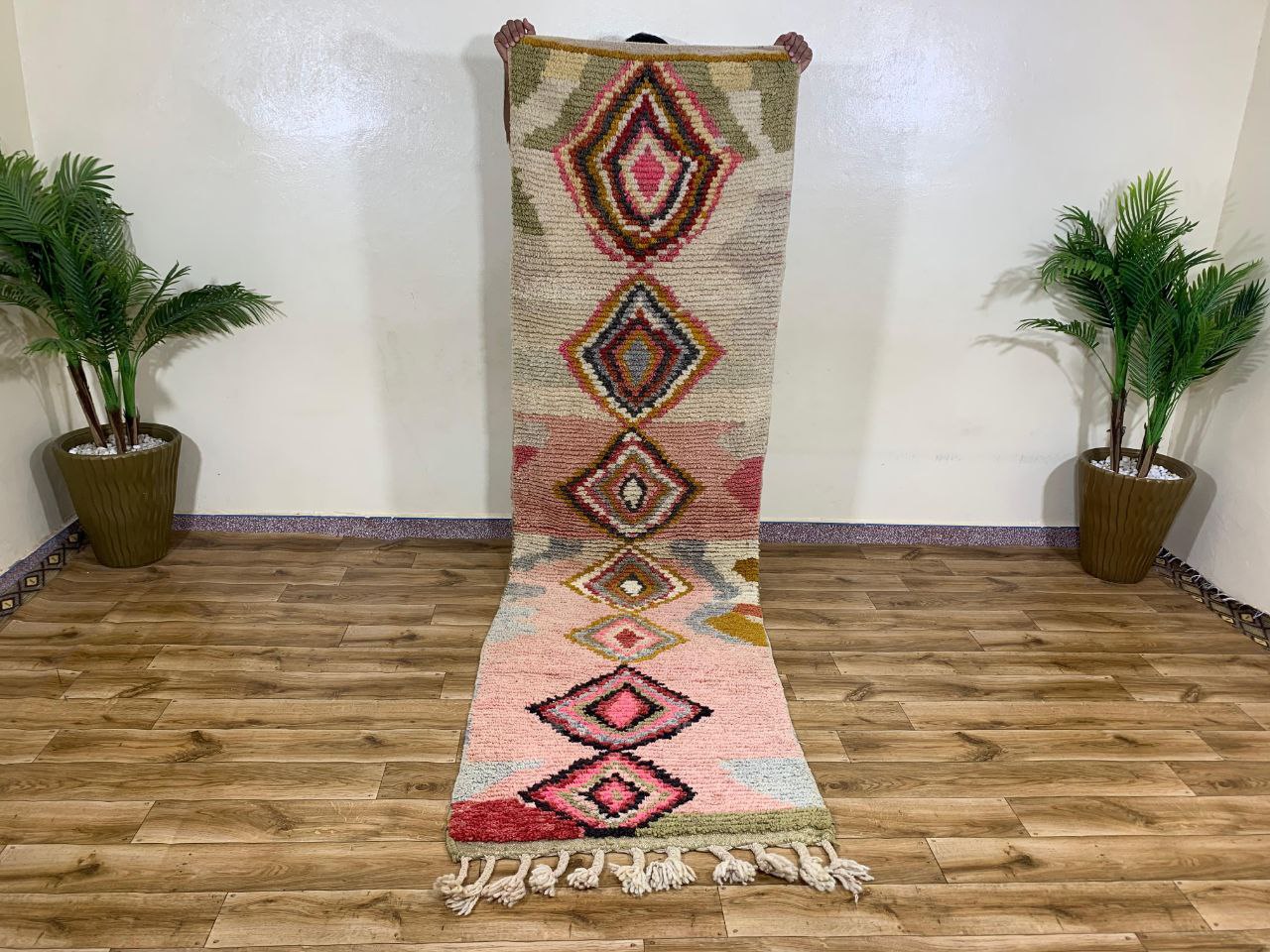 Handwoven Style Geometric Runner Rug with Diamond Pattern and Fringe