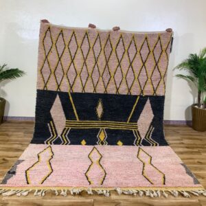 Handwoven Geometric Wool Rug in Blush Pink, Black & Mustard
