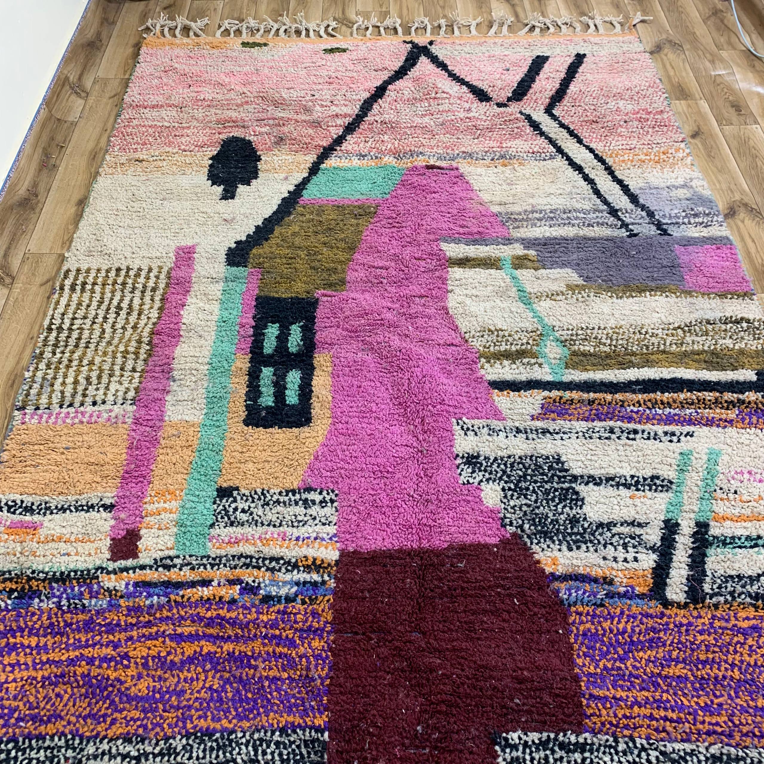 Abstract Multicolor Handwoven Rug with Fringe
