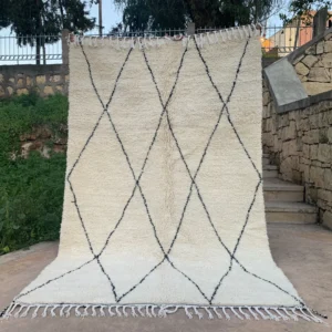 Handwoven Moroccan Beni Ourain Style Ivory Wool Rug with Black Diamond Pattern