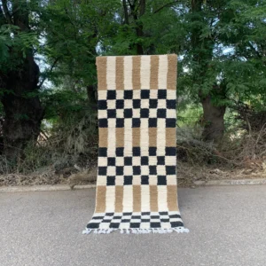 Handwoven Moroccan Style Checkerboard Wool Runner Rug in Black, Cream & Tan