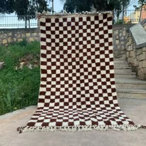 Handwoven Brown and Cream Checkered Wool Rug with Fringe
