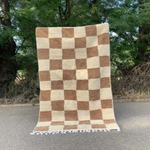 Brown and Cream Checkerboard Textured Rug with Tassel Fringe