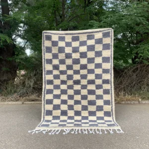 Neutral Checkerboard Plush Pile Rug with Fringe