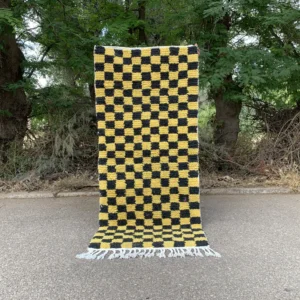 Black and Yellow Checkerboard Wool Runner Rug with Fringe