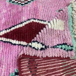 Handwoven Pink Wool Rug with Burgundy and Mint Geometric Motifs