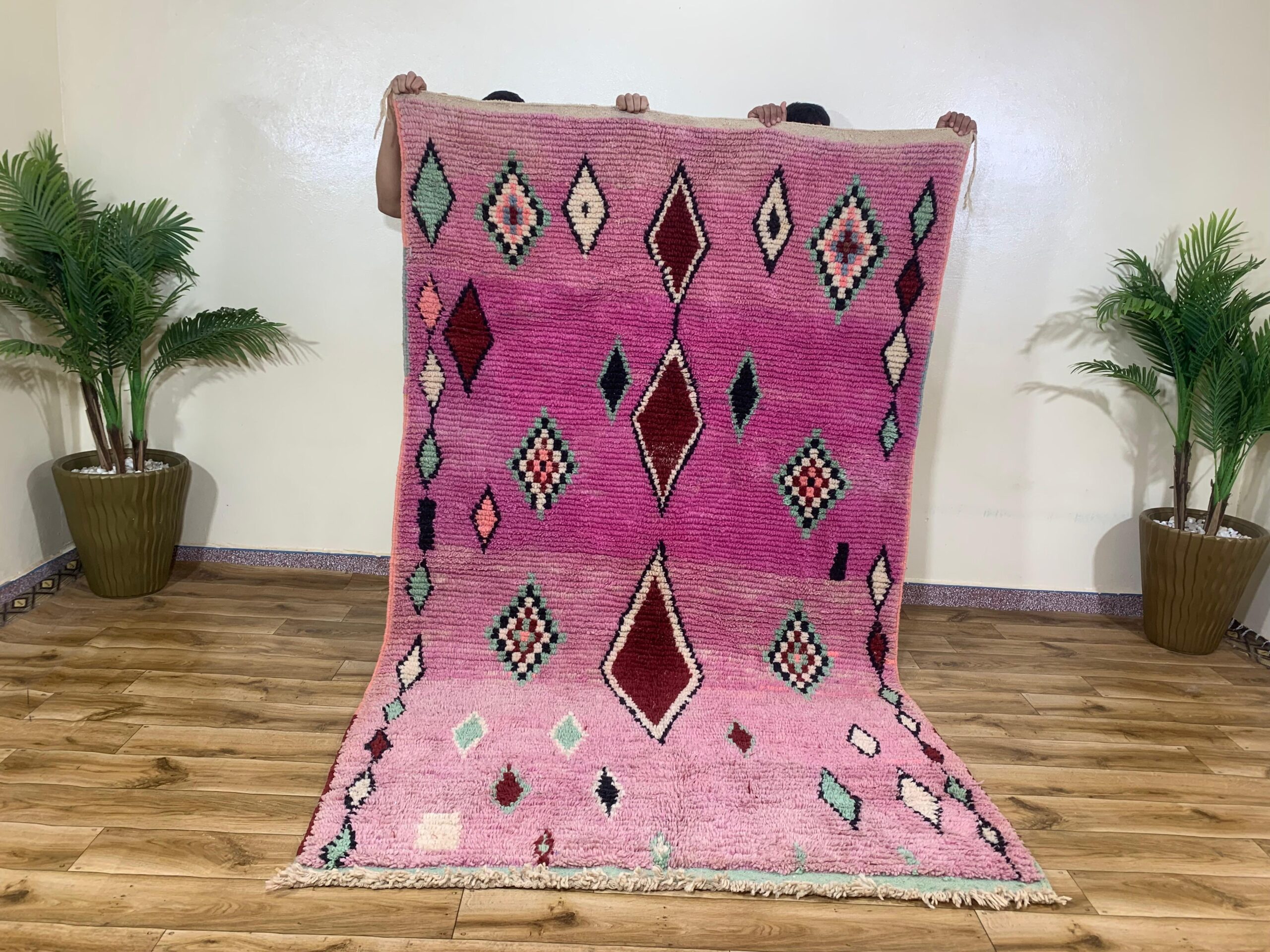 Handwoven Pink Wool Rug with Burgundy and Mint Geometric Motifs - Image 2