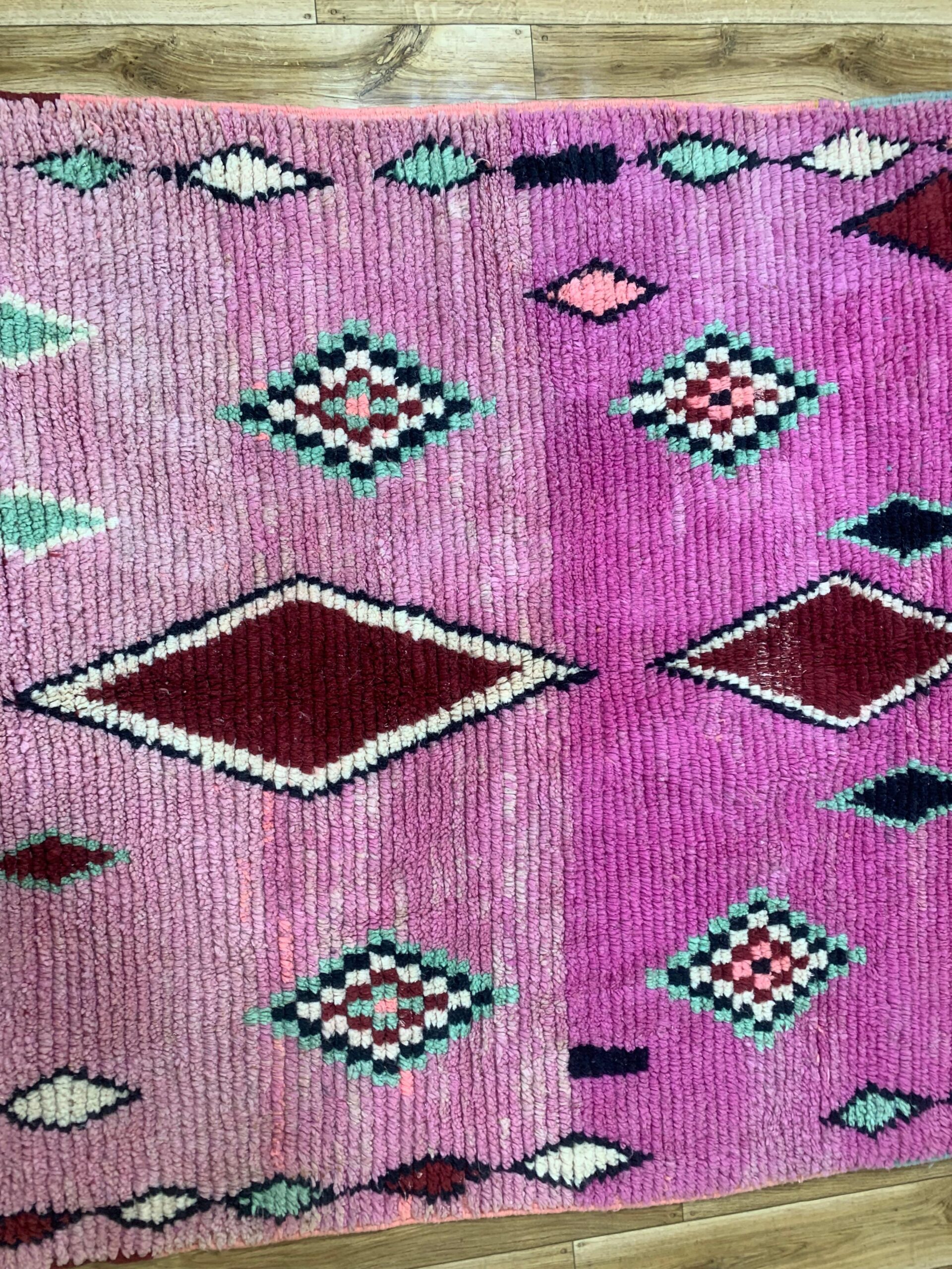 Handwoven Pink Wool Rug with Burgundy and Mint Geometric Motifs - Image 11