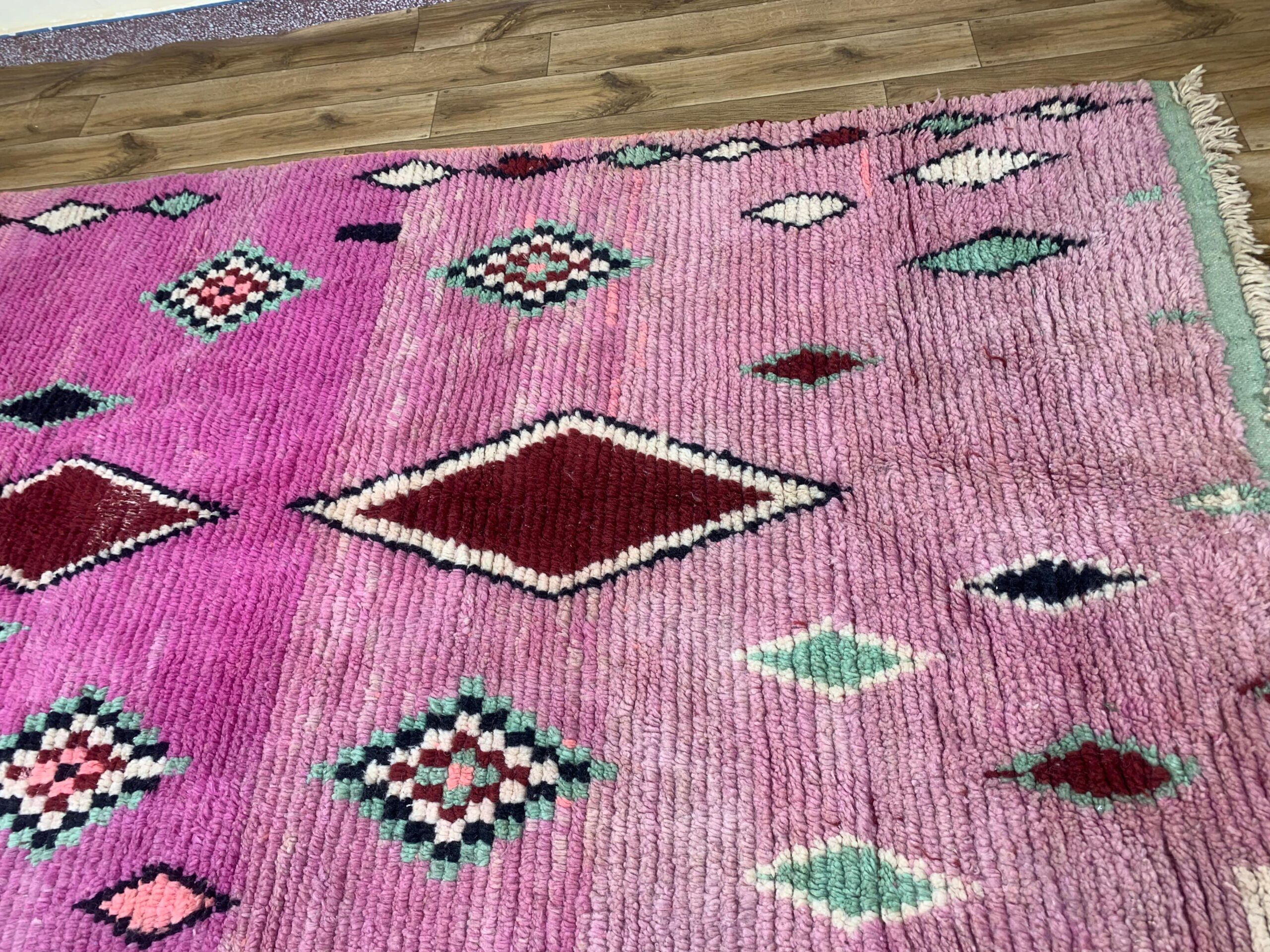 Handwoven Pink Wool Rug with Burgundy and Mint Geometric Motifs - Image 12