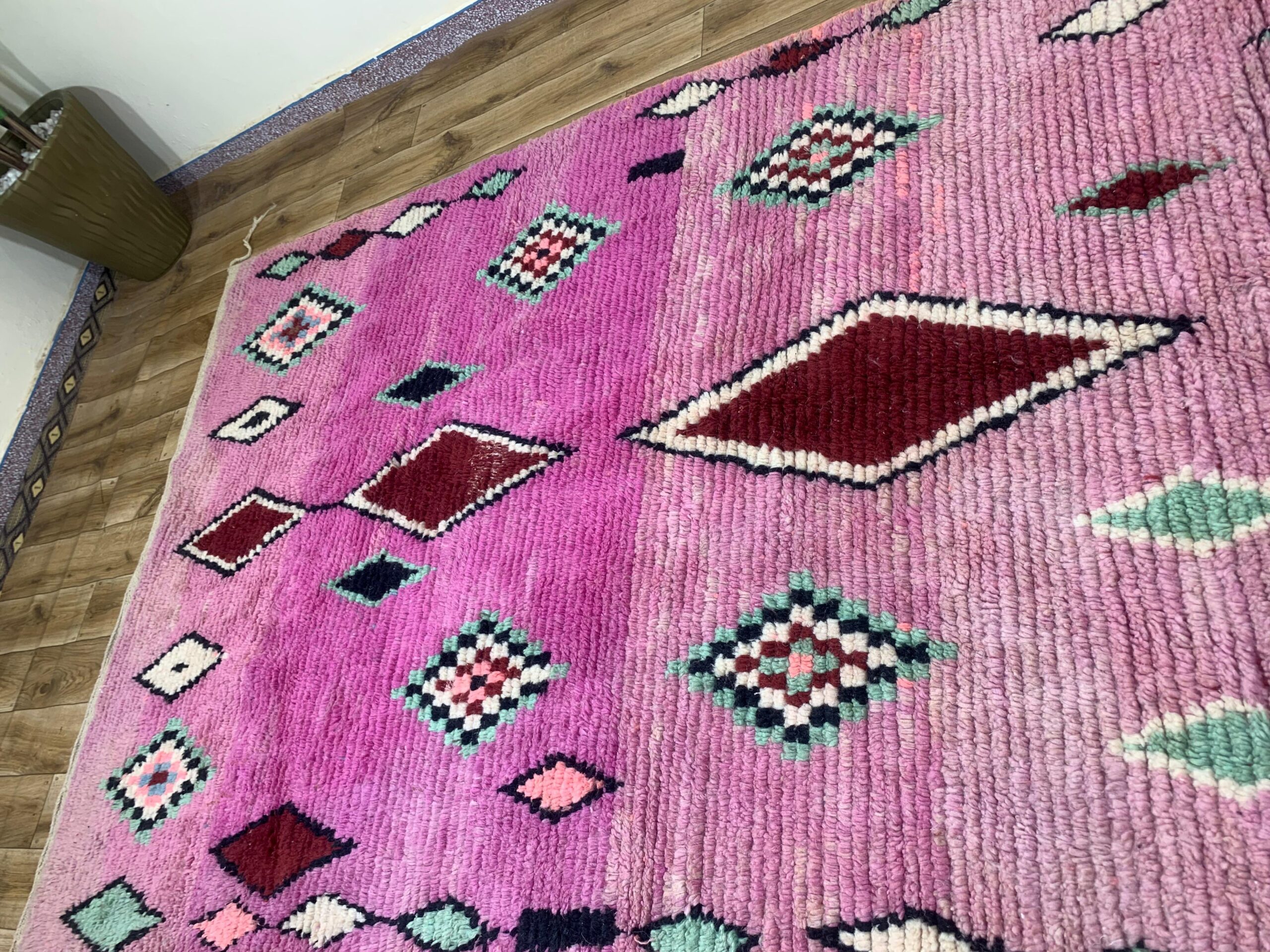 Handwoven Pink Wool Rug with Burgundy and Mint Geometric Motifs - Image 13