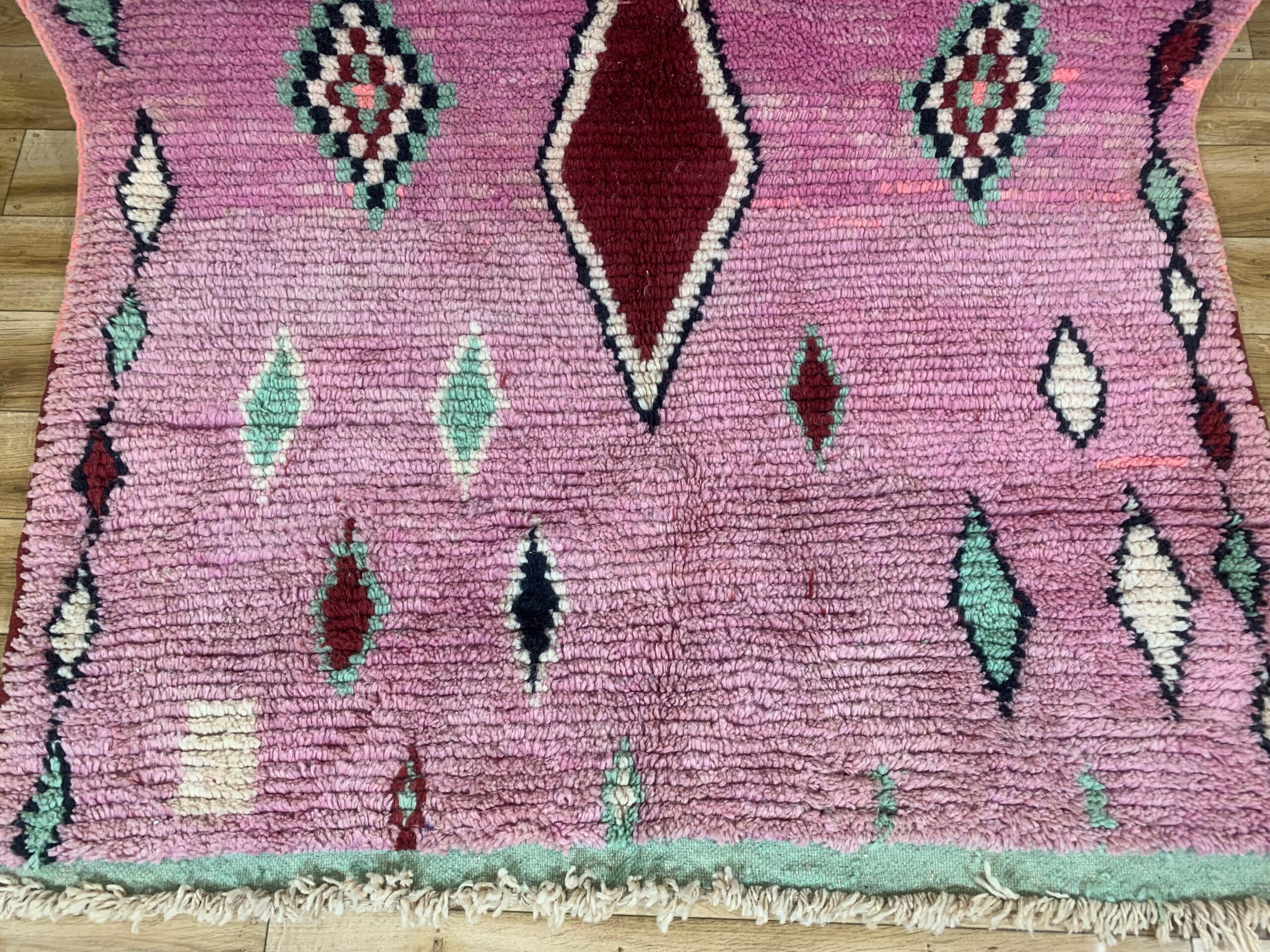 Handwoven Pink Wool Rug with Burgundy and Mint Geometric Motifs - Image 3