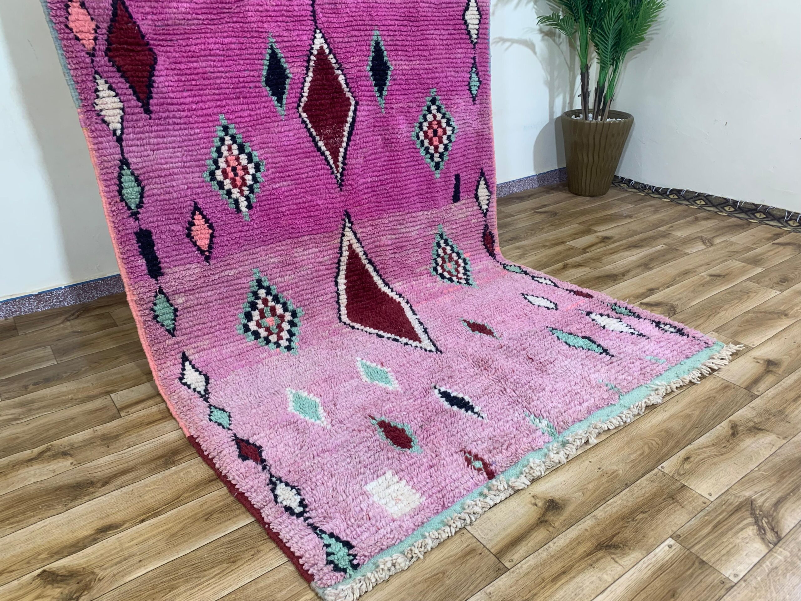 Handwoven Pink Wool Rug with Burgundy and Mint Geometric Motifs - Image 5