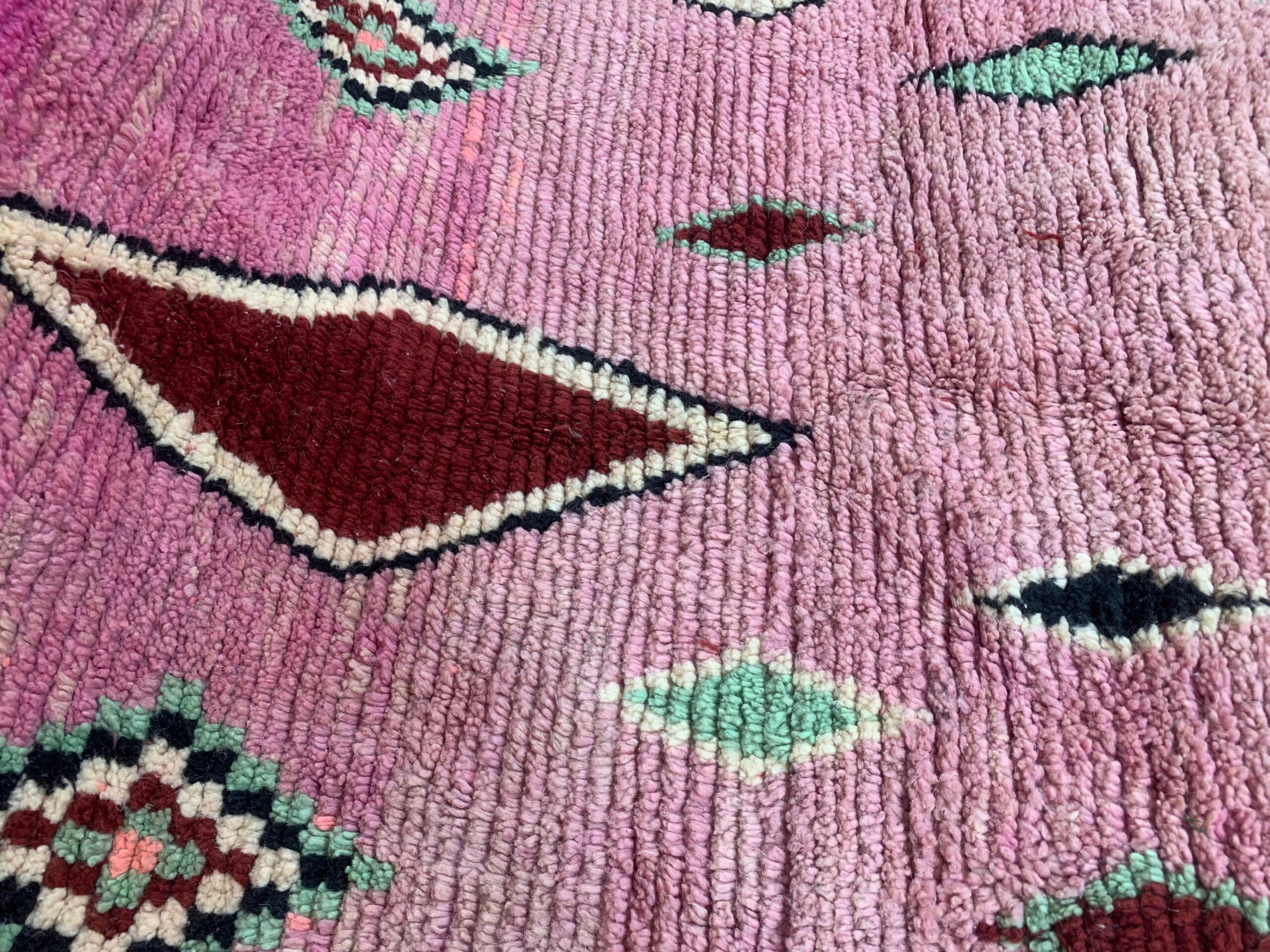 Handwoven Pink Wool Rug with Burgundy and Mint Geometric Motifs - Image 6
