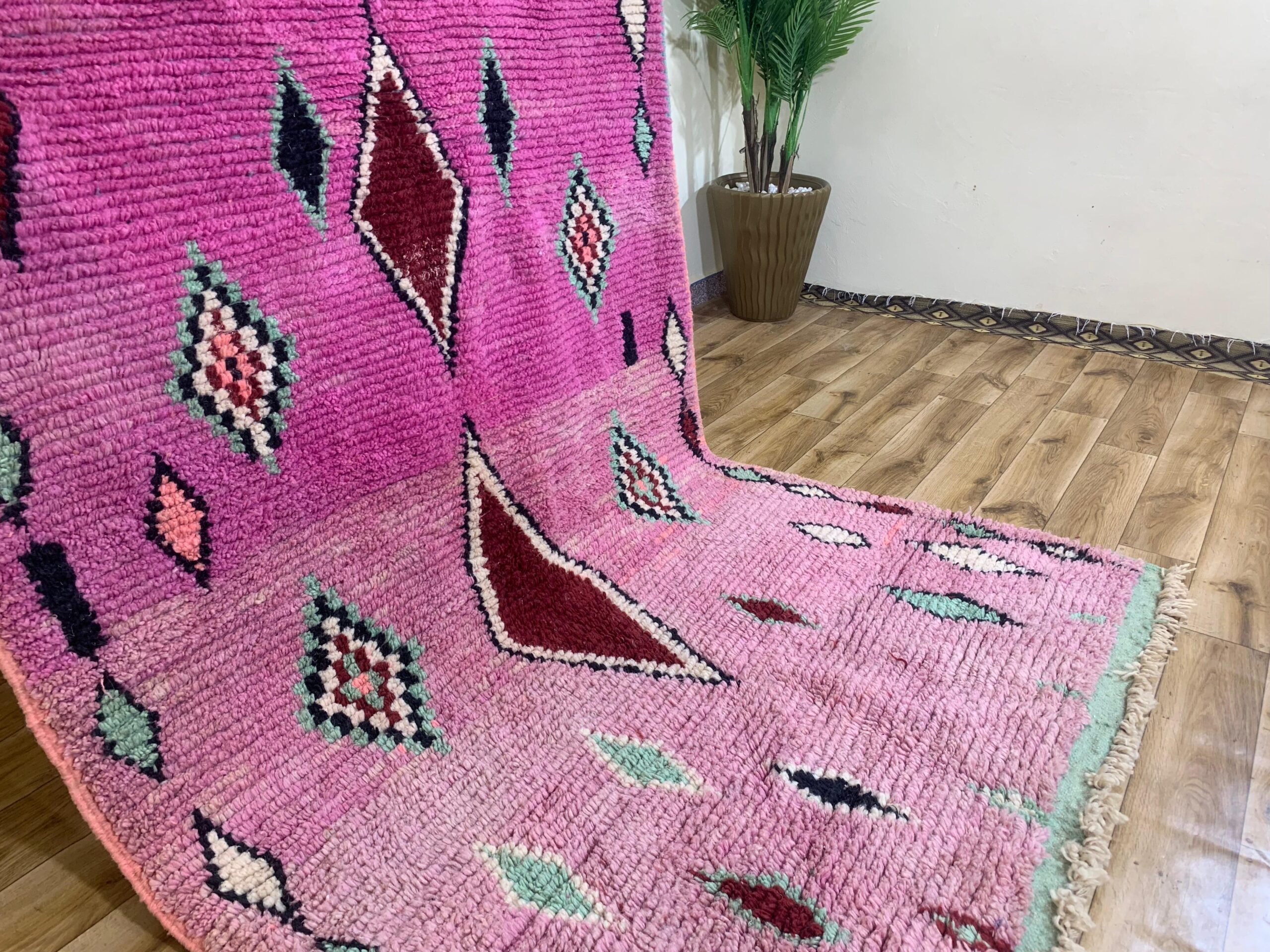 Handwoven Pink Wool Rug with Burgundy and Mint Geometric Motifs - Image 7