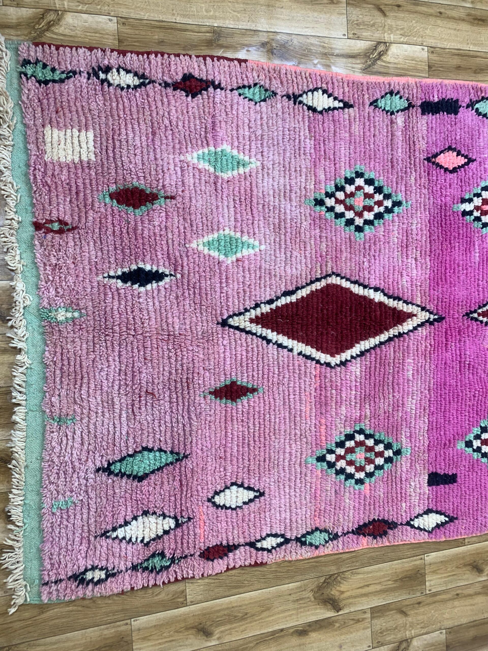 Handwoven Pink Wool Rug with Burgundy and Mint Geometric Motifs - Image 8