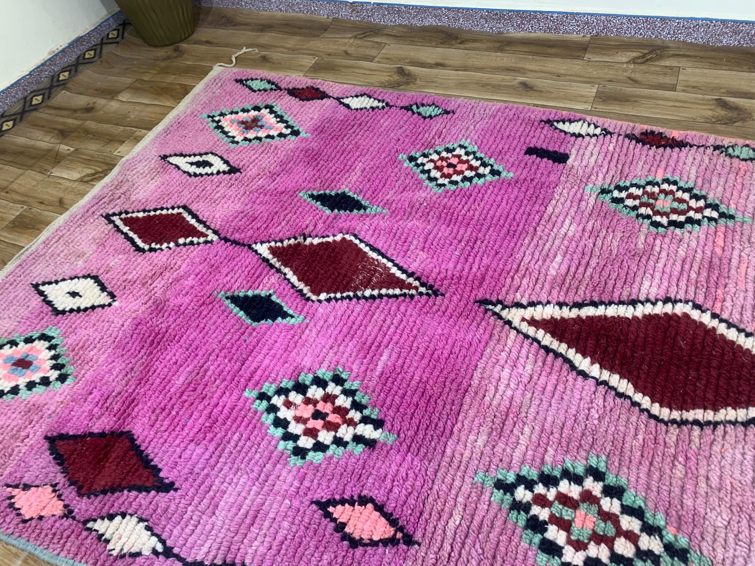 Handwoven Pink Wool Rug with Burgundy and Mint Geometric Motifs - Image 9