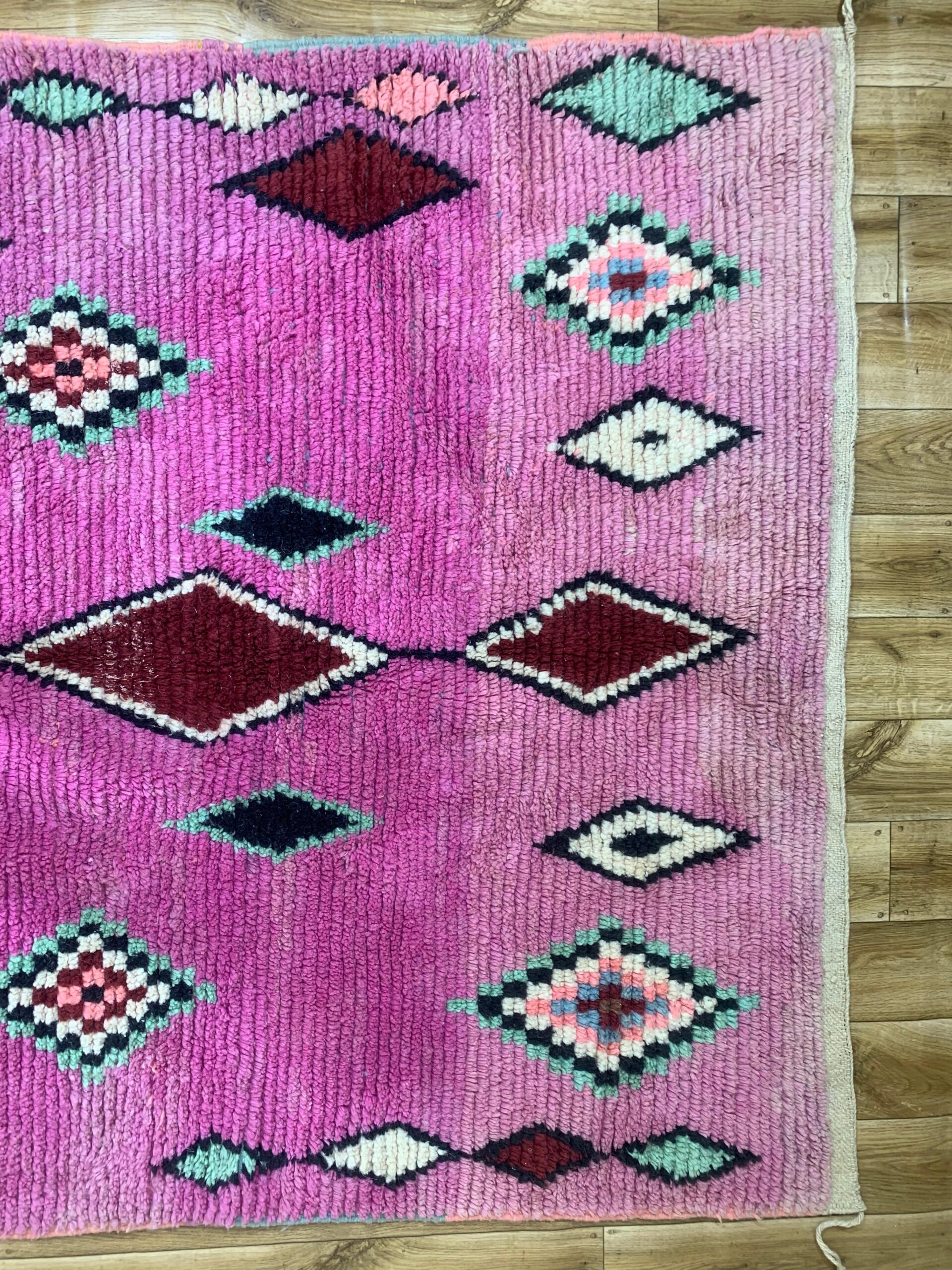 Handwoven Pink Wool Rug with Burgundy and Mint Geometric Motifs - Image 10