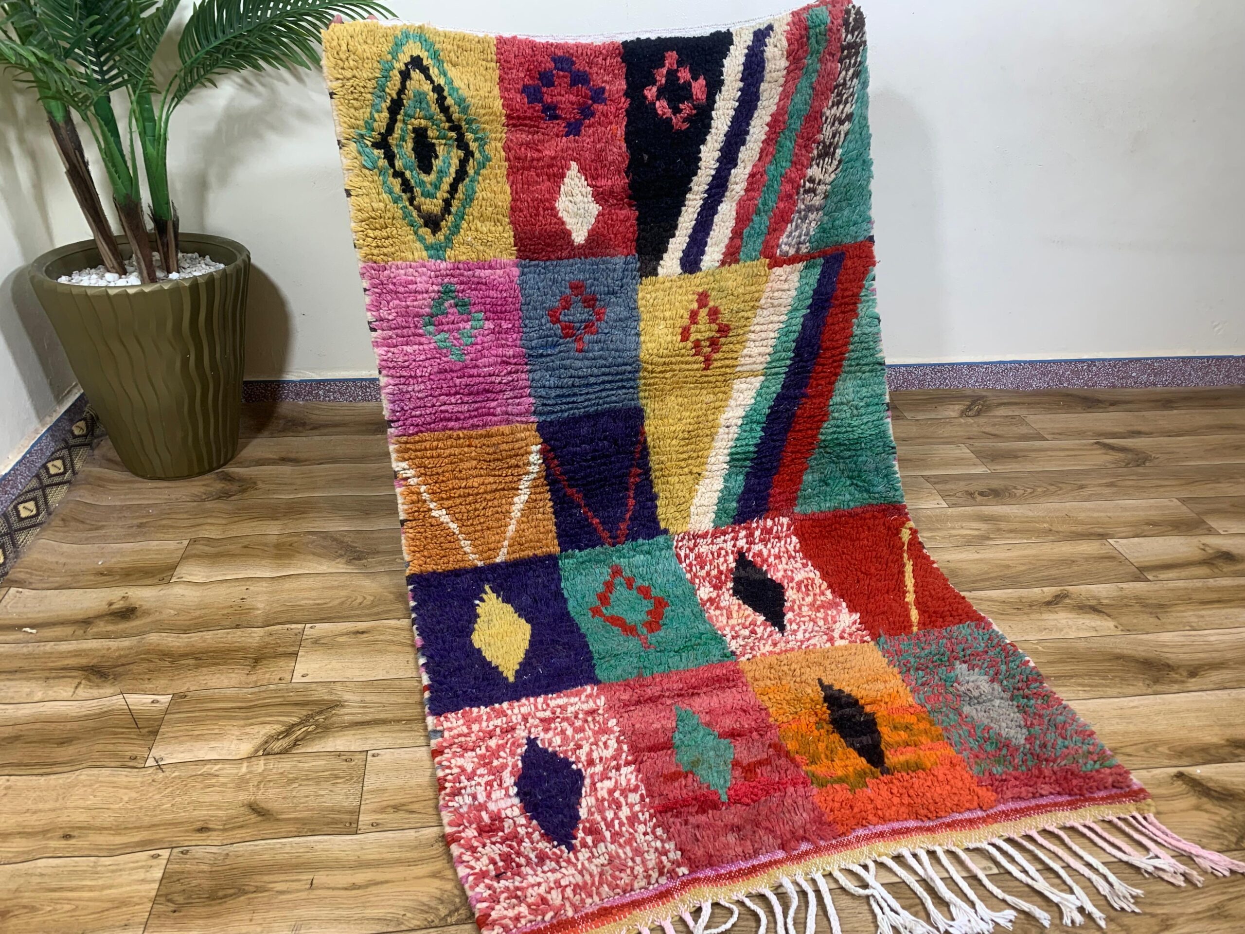 Multicolor Patchwork Geometric Shag Rug with Fringe - Image 14