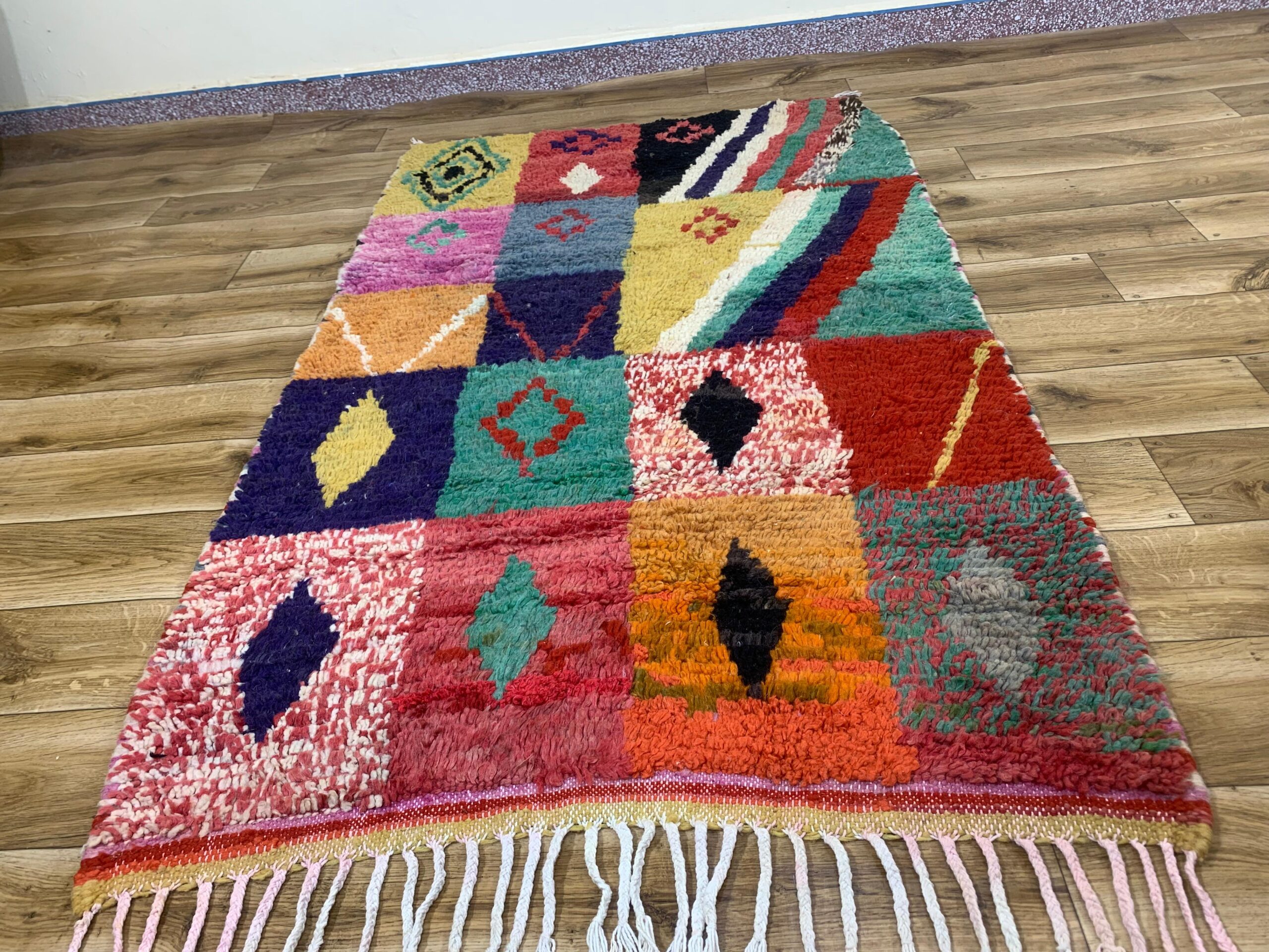 Multicolor Patchwork Geometric Shag Rug with Fringe - Image 6