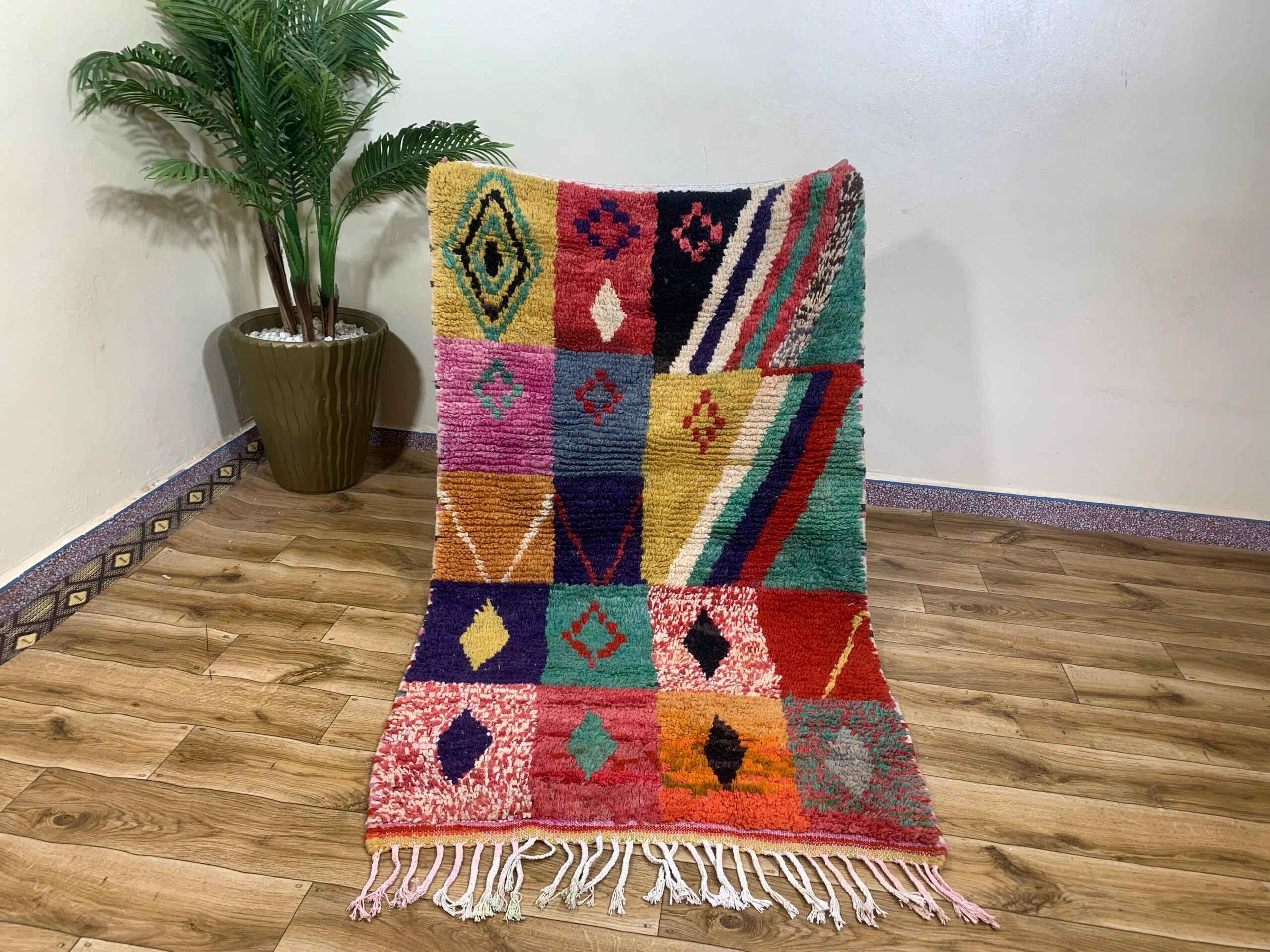 Multicolor Patchwork Geometric Shag Rug with Fringe - Image 9