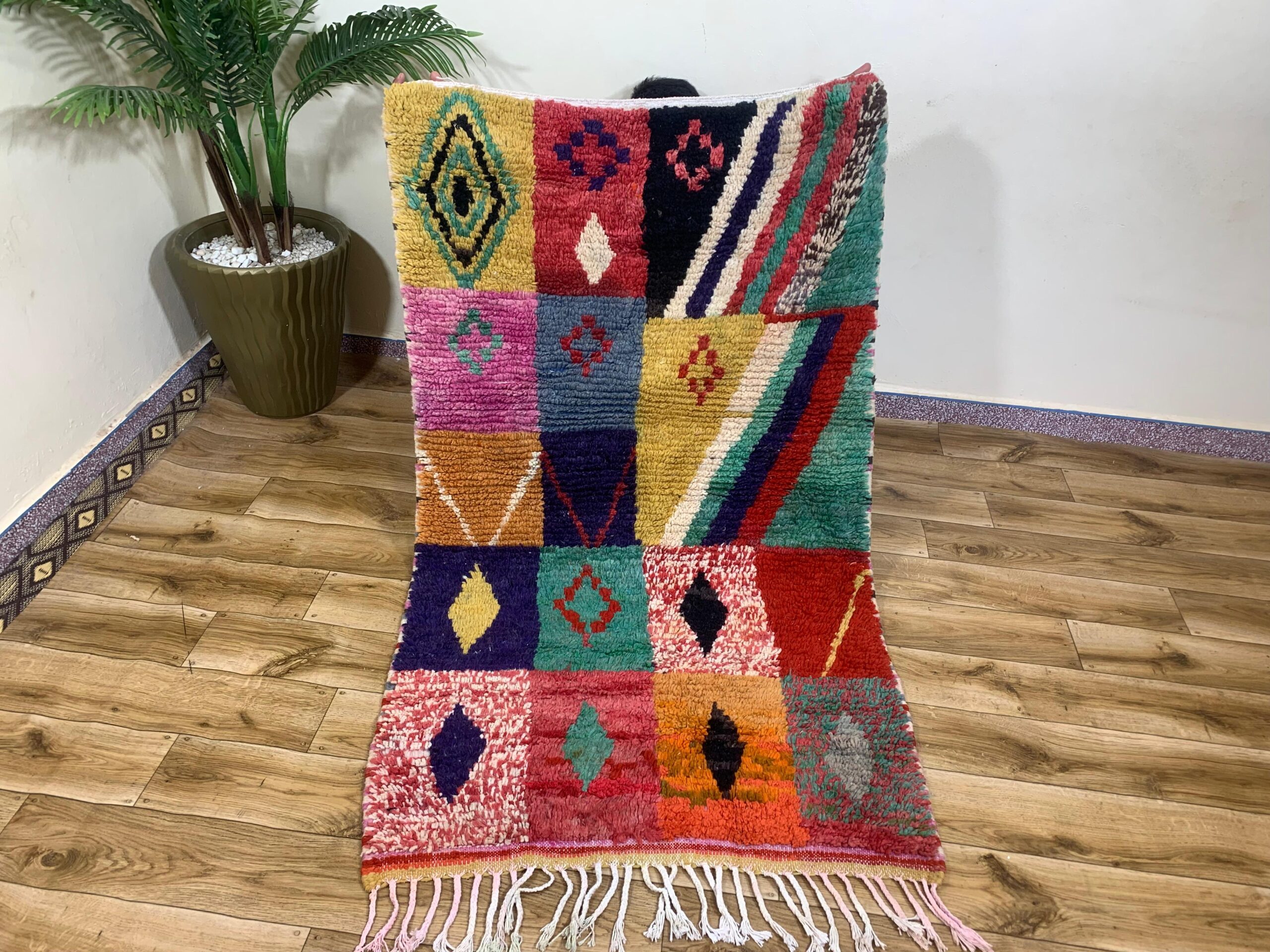 Multicolor Patchwork Geometric Shag Rug with Fringe - Image 10
