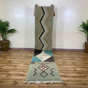 Handwoven Style Geometric Runner Rug in Sage Green with Zigzag and Diamond Motifs