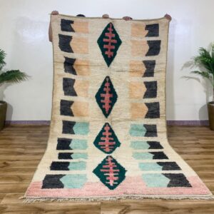Handwoven Geometric Wool Rug with Diamond Motif in Cream and Pastel Tones