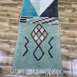 Handwoven Geometric Runner Rug with Fringe in Mint Green