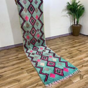 Turquoise Geometric Handwoven Runner Rug with Pink Diamond Pattern