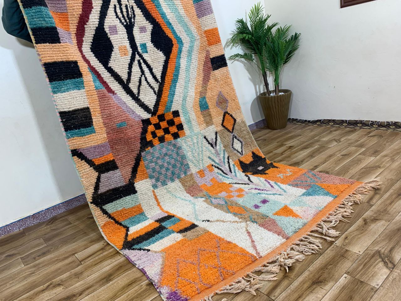 Handwoven Multicolor Geometric Wool Rug with Fringe - Image 5