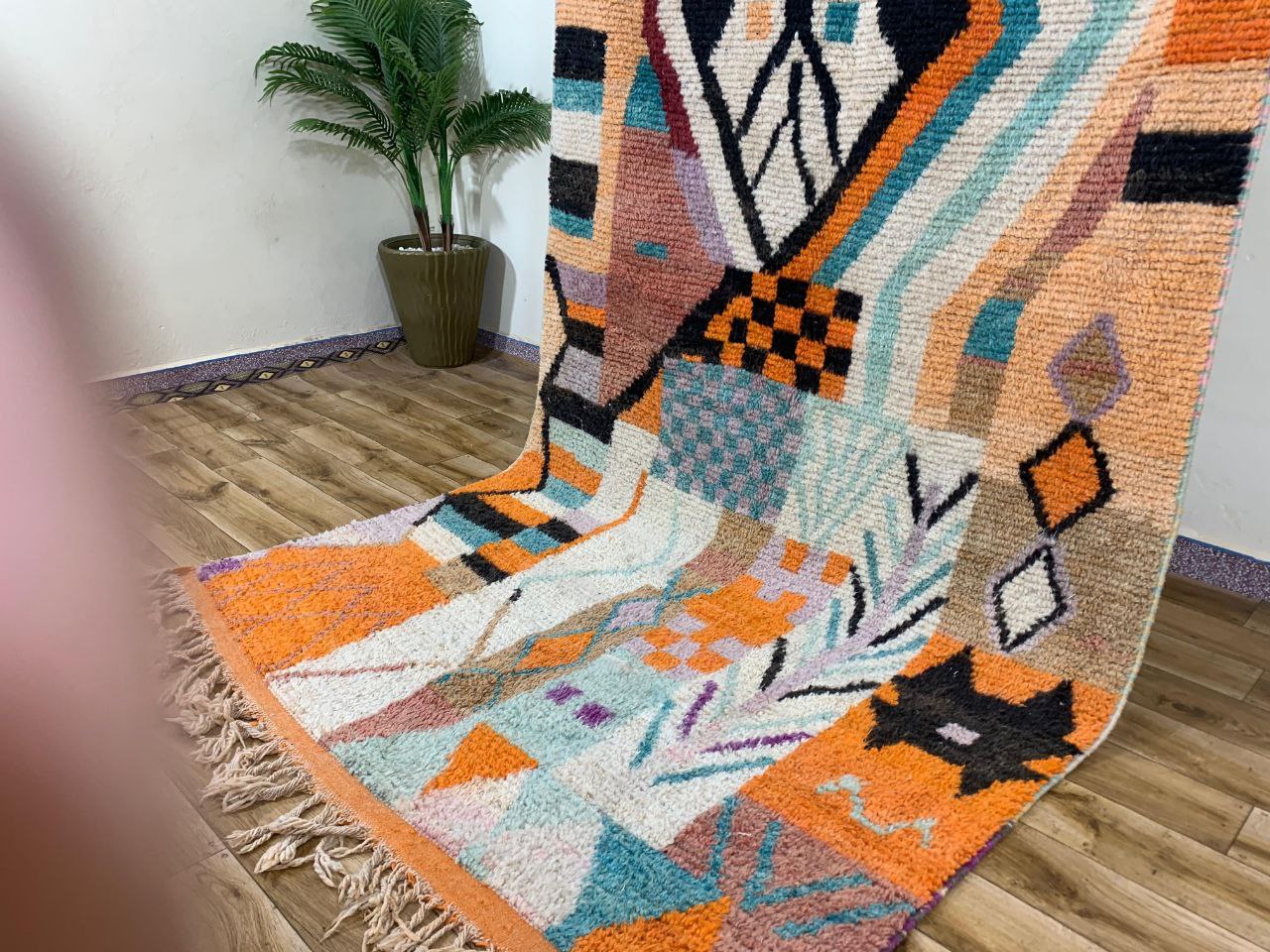 Handwoven Multicolor Geometric Wool Rug with Fringe - Image 7