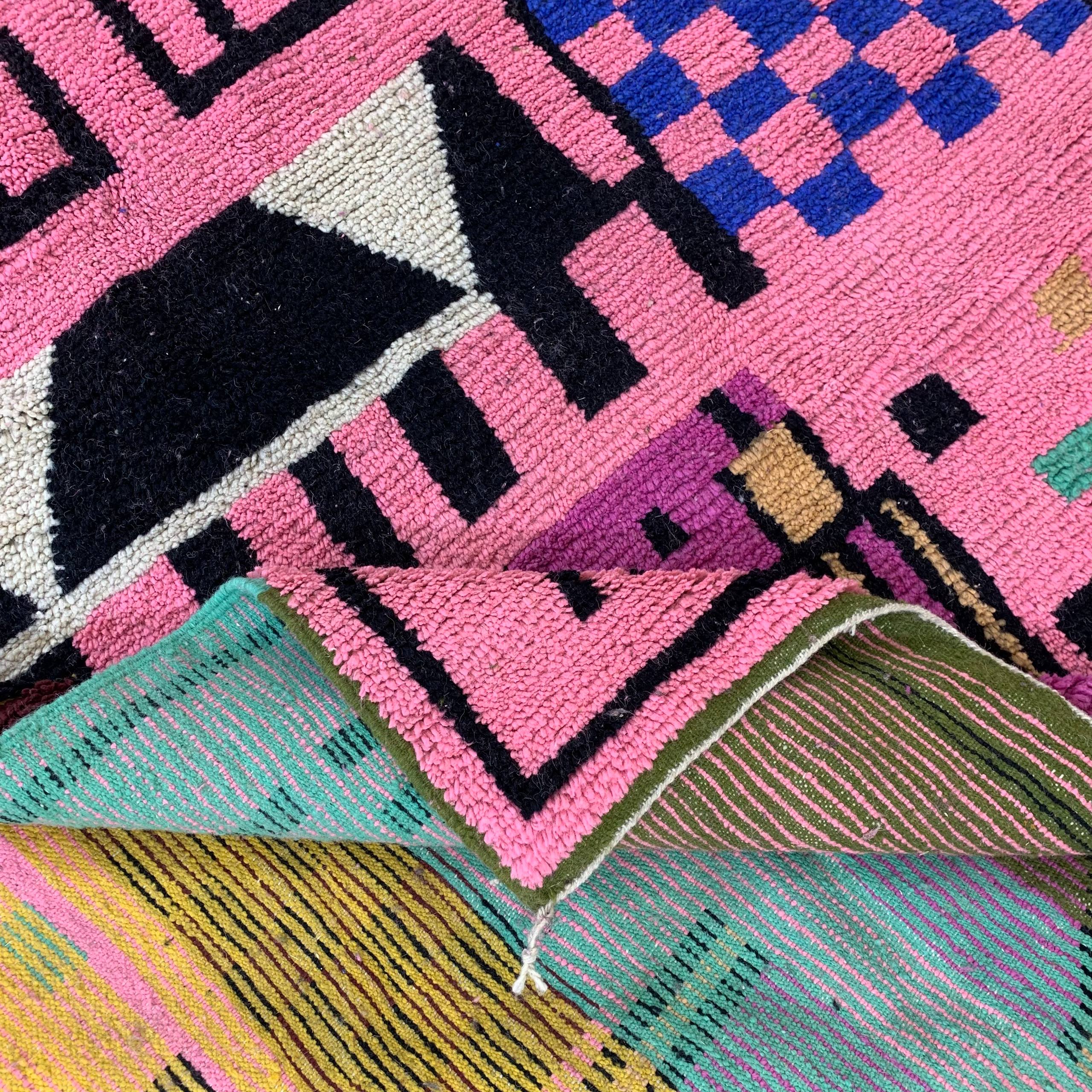 Pink Geometric Woven Rug with Multicolor Abstract Pattern